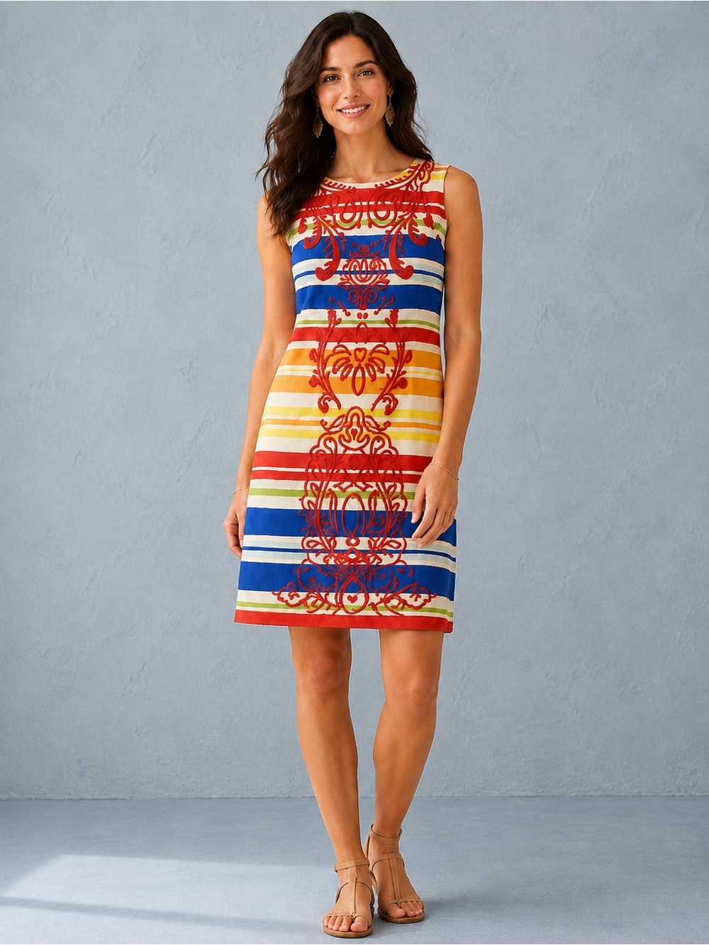 Anthropologie Tabitha Rainbow Stripe Embroidered Shift Dress Cotton Size 10